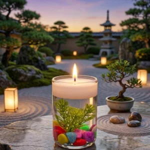 complete decorative mini floating candle set – glass jar with color stones & greenery